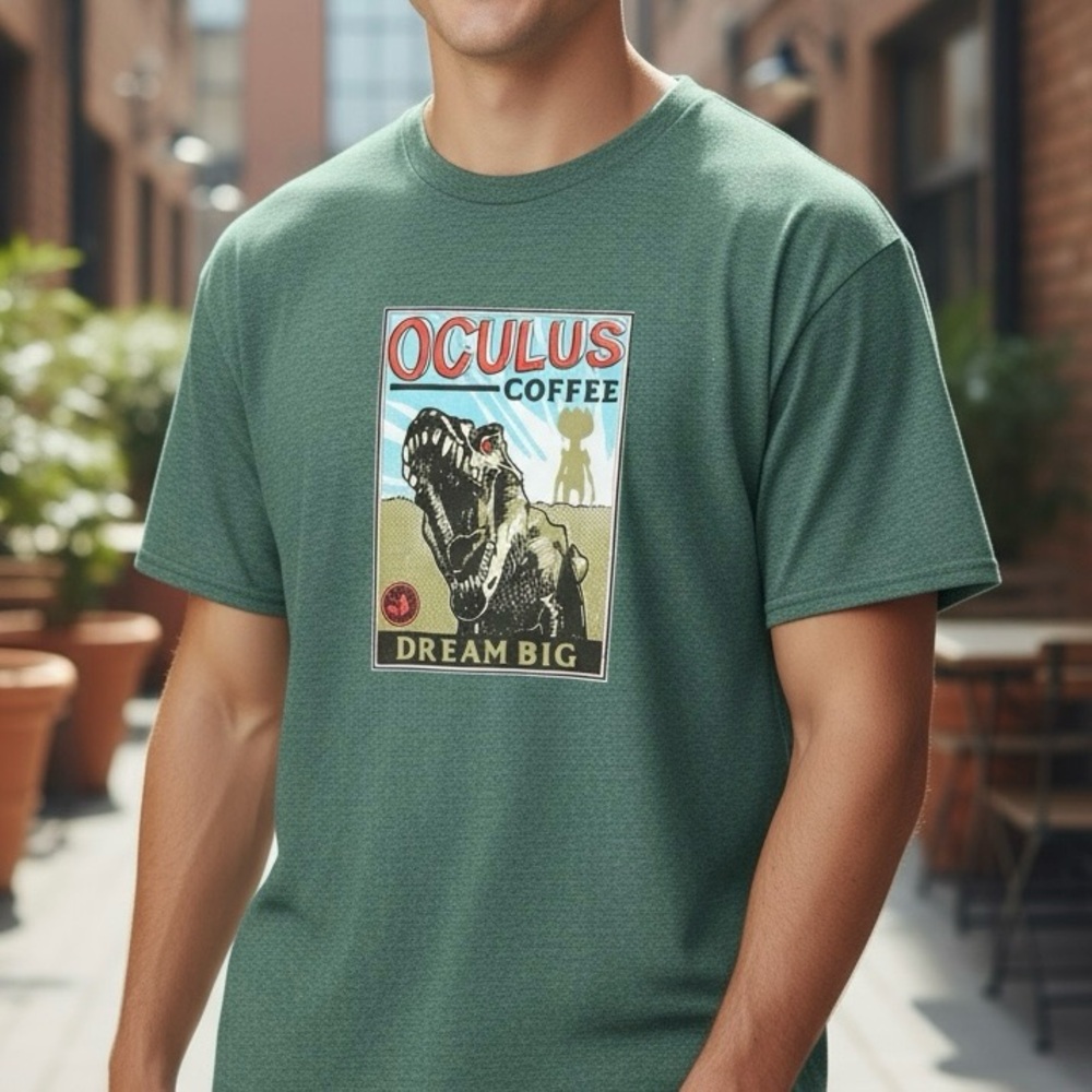 Oculus Coffee T-Rex Dream Big Red Rooster T-Shirt Mens XL Fifth Anniversary Tee
